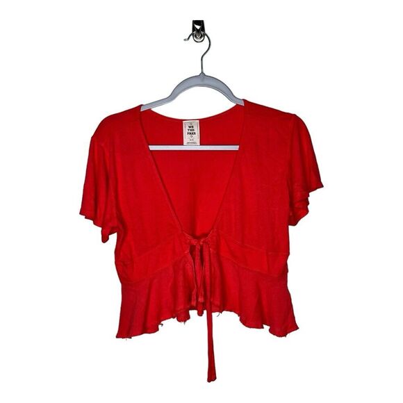 We The Free Top Womens XS Red Boho Ruffle Front Tie Cotton Crop - Picture 3 of 13